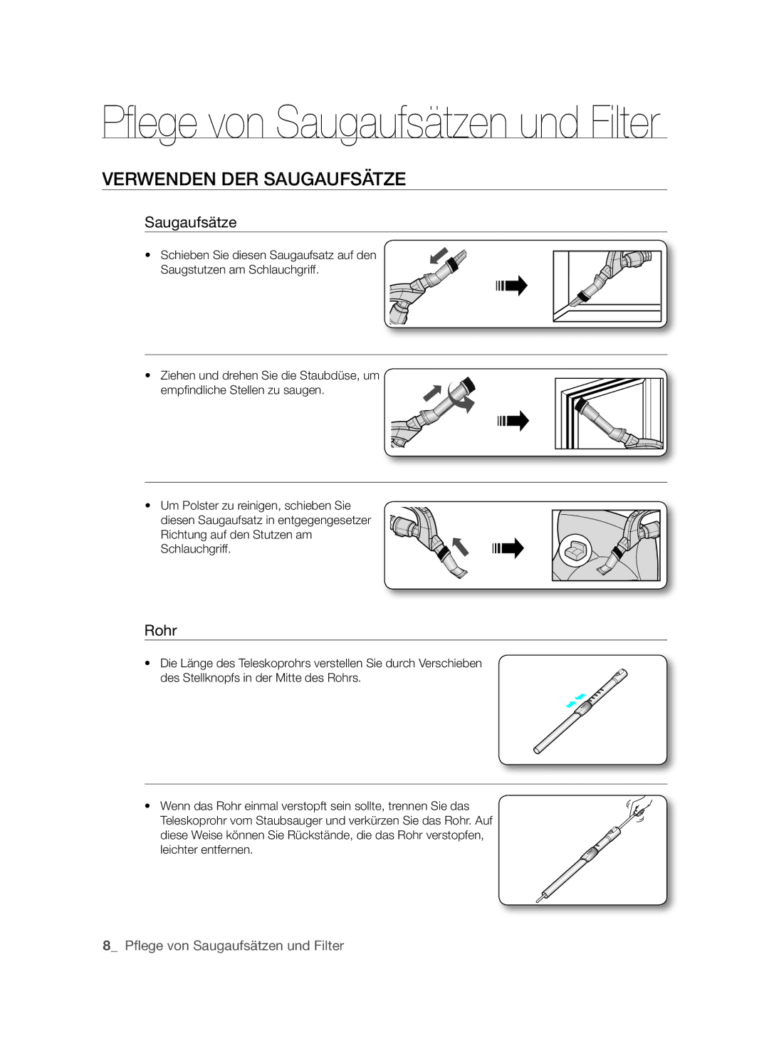 Samsung VCC6360H3A/XEO manual Verwenden DER Saugaufsätze, Rohr 