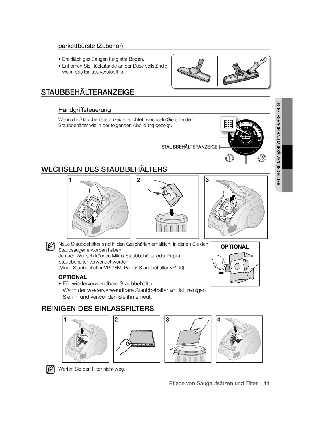 Samsung VCC6360H3A/XEO manual Staubbehälteranzeige, Wechseln DES Staubbehälters, Reinigen DES Einlassfilters 