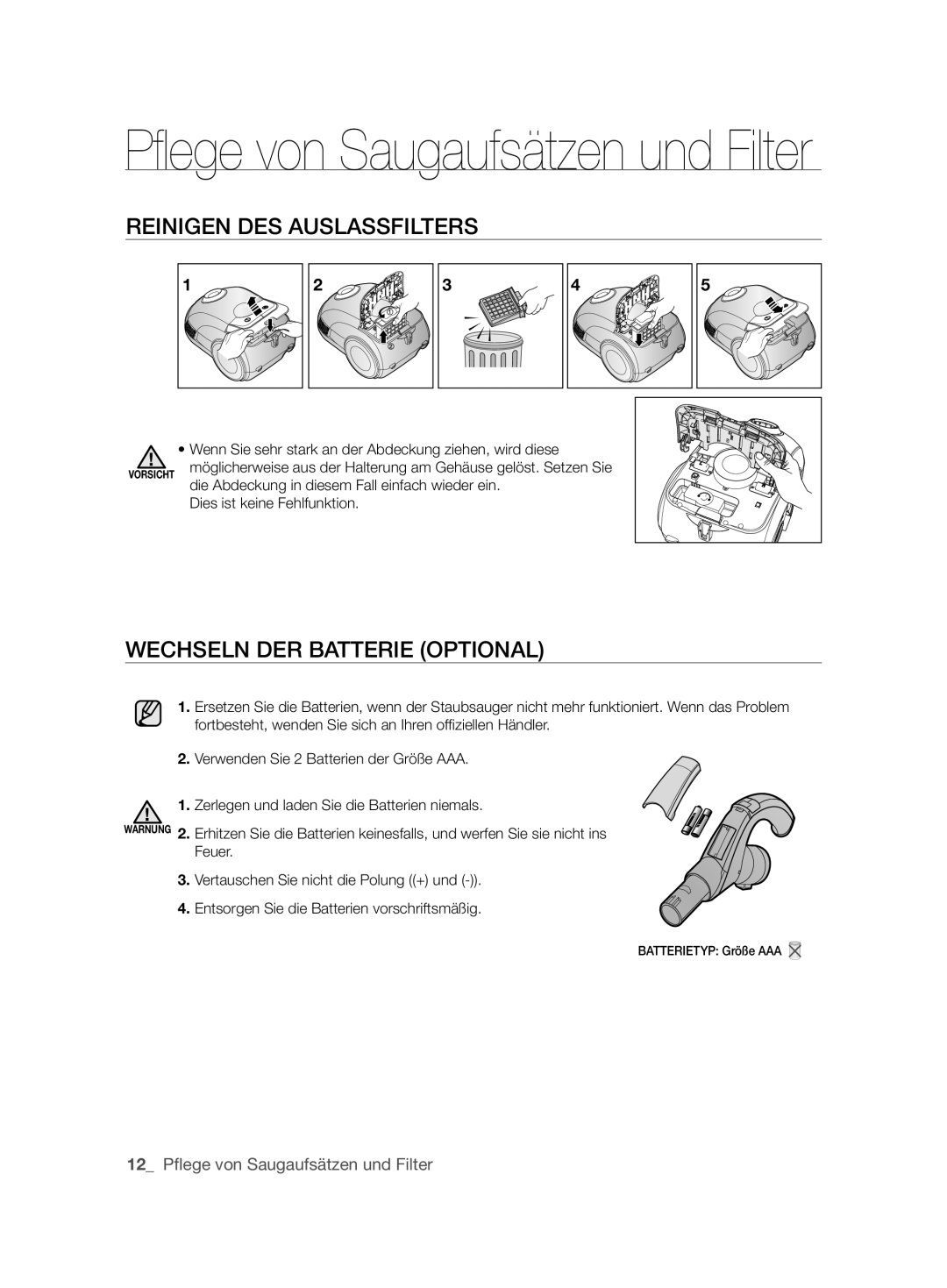 Samsung VCC6360H3A/XEO manual Reinigen DES Auslassfilters, Wechseln DER Batterie Optional 