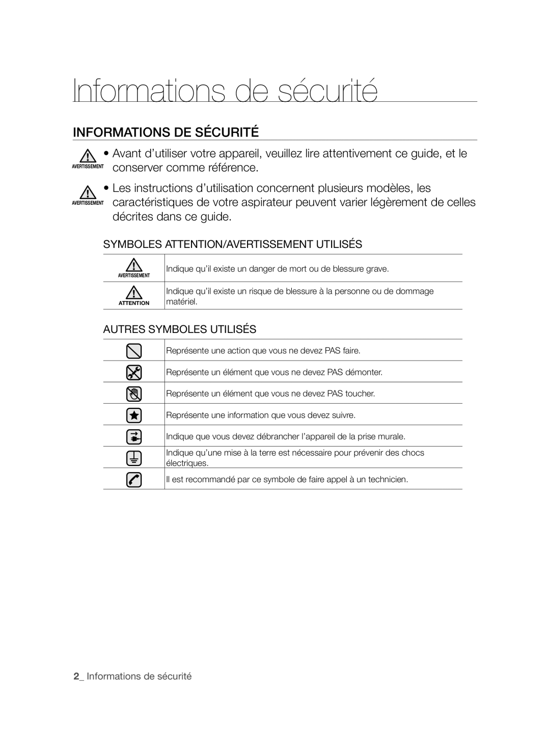 Samsung VCC6360H3A/XEO manual Informations de sécurité, Informations DE Sécurité 