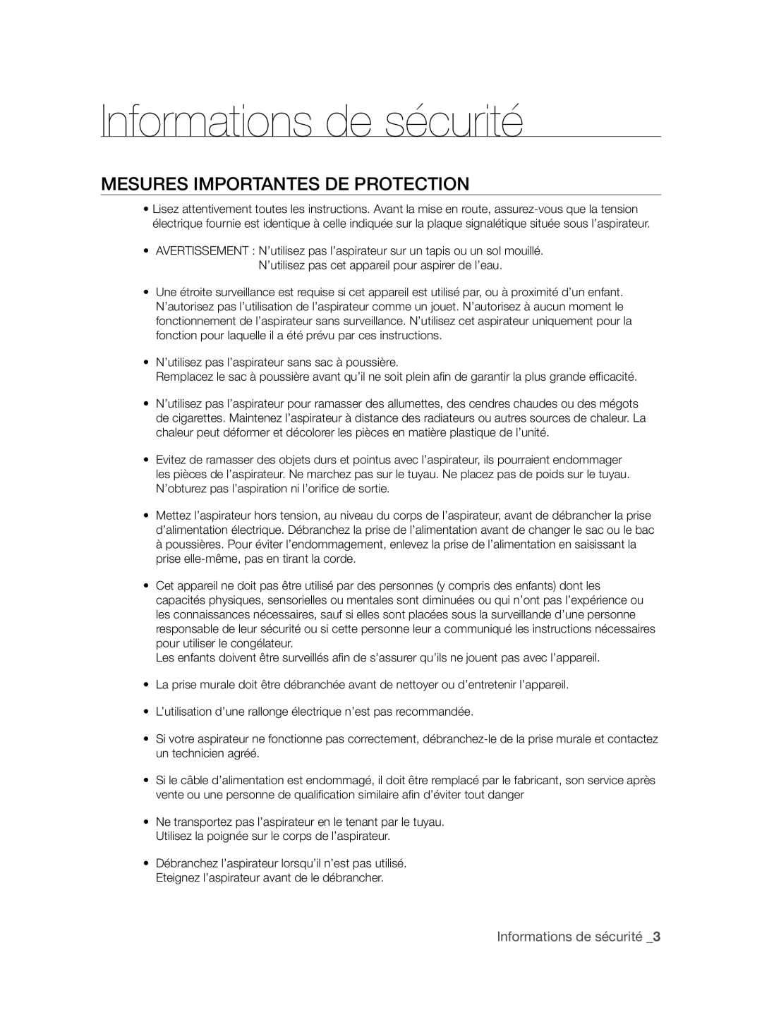 Samsung VCC6360H3A/XEO manual Mesures Importantes DE Protection 