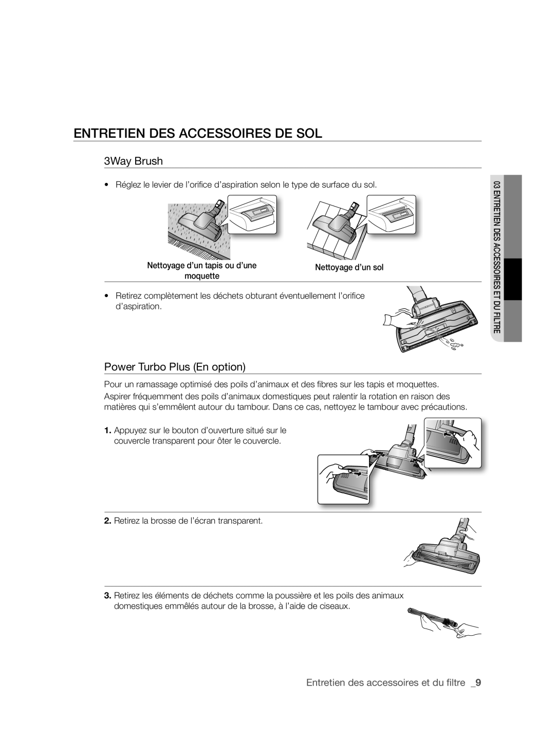 Samsung VCC6360H3A/XEO manual Entretien DES Accessoires DE SOL, Power Turbo Plus En option 