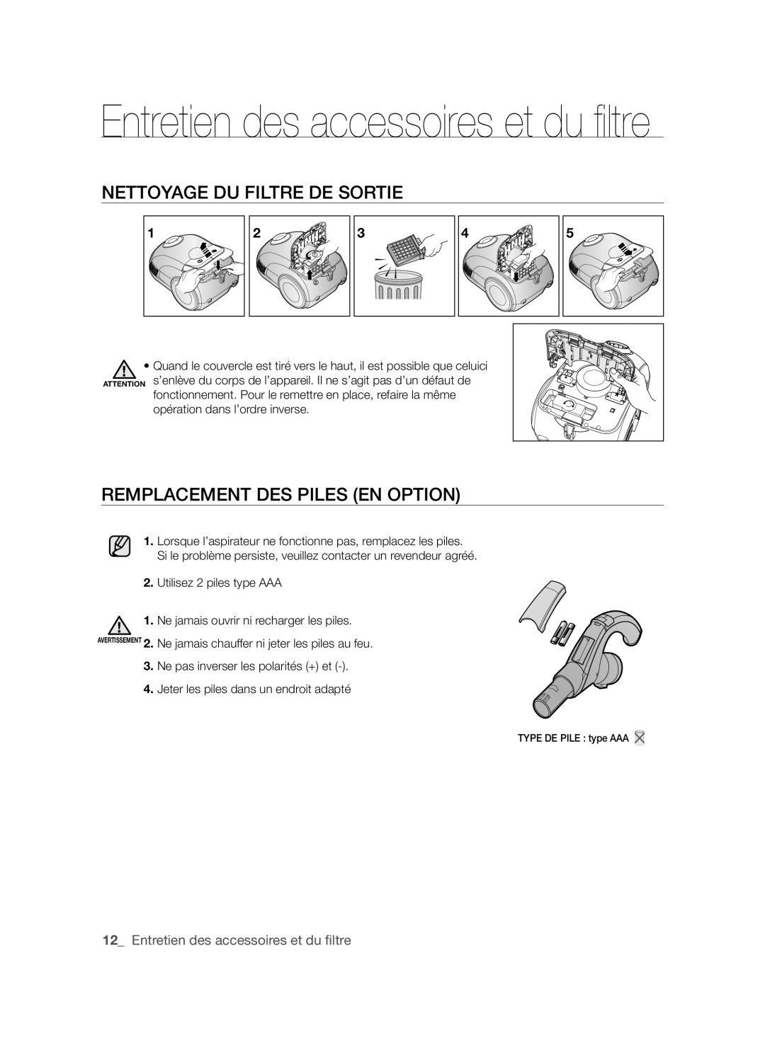 Samsung VCC6360H3A/XEO manual Nettoyage DU Filtre DE Sortie, Remplacement DES Piles EN Option 