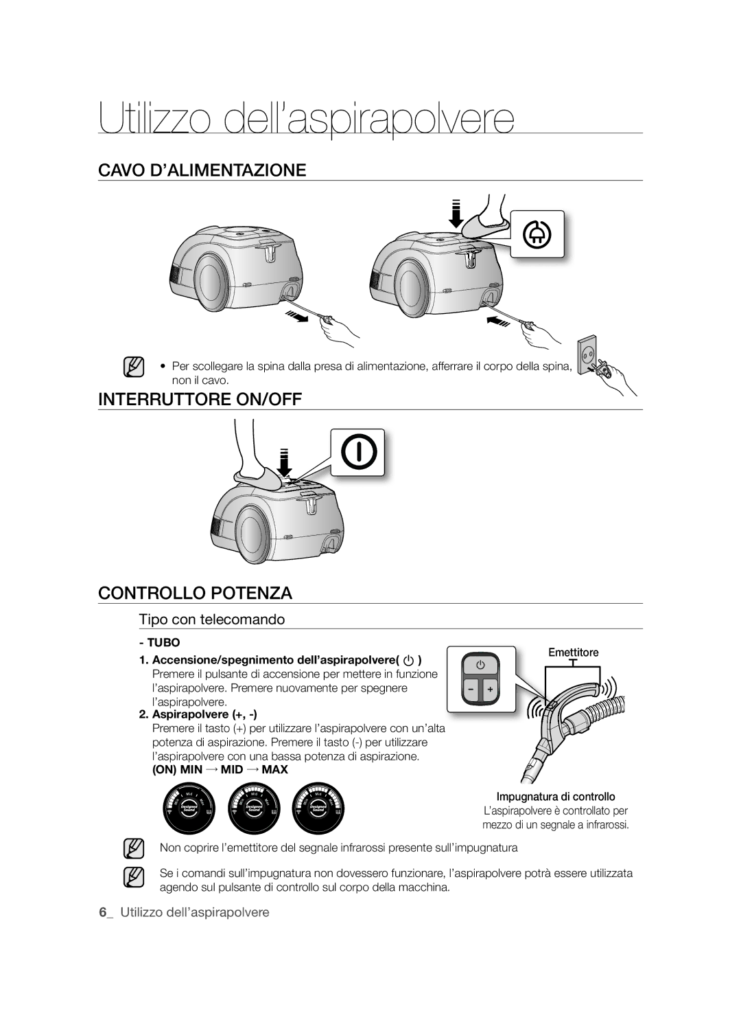 Samsung VCC6360H3A/XEO Utilizzo dell’aspirapolvere, Cavo D’ALIMENTAZIONE, Interruttore ON/OFF Controllo Potenza, Tubo 