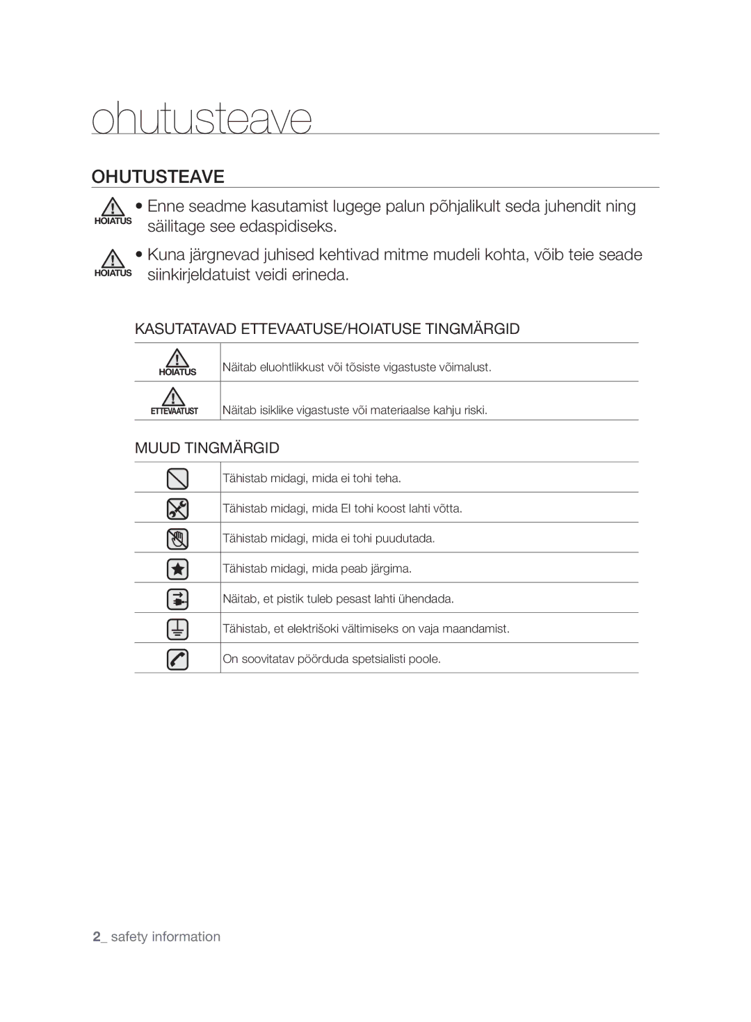 Samsung VCC6367H3K/XSB, VCC6367H3K/XEV, VCC6360H3K/XEV, VCC6368H34/XEV, VCC6340H3A/XEV manual Ohutusteave, OhutustEavE 