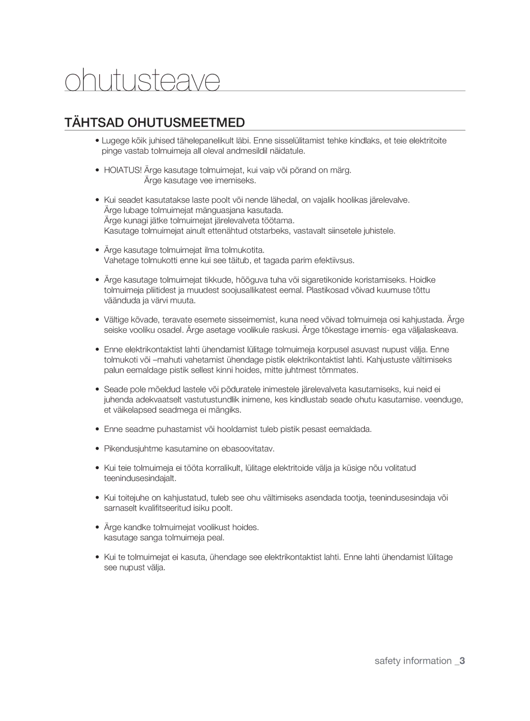 Samsung VCC6367H3K/XEV, VCC6367H3K/XSB, VCC6360H3K/XEV, VCC6368H34/XEV, VCC6340H3A/XEV manual TÄhtsaD ohutusMEEtMED 