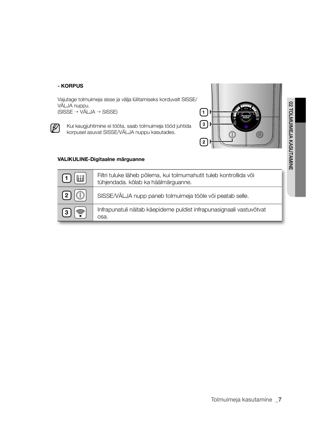 Samsung VCC6367H3K/XSB, VCC6367H3K/XEV, VCC6360H3K/XEV, VCC6368H34/XEV, VCC6340H3A/XEV manual Tolmuimeja kasutamine  