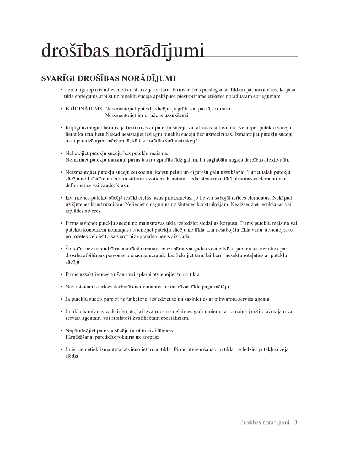 Samsung VCC6340H3A/XEV, VCC6367H3K/XSB, VCC6367H3K/XEV, VCC6360H3K/XEV, VCC6368H34/XEV manual SVarīgi DrošīBaS norāDījuMi 