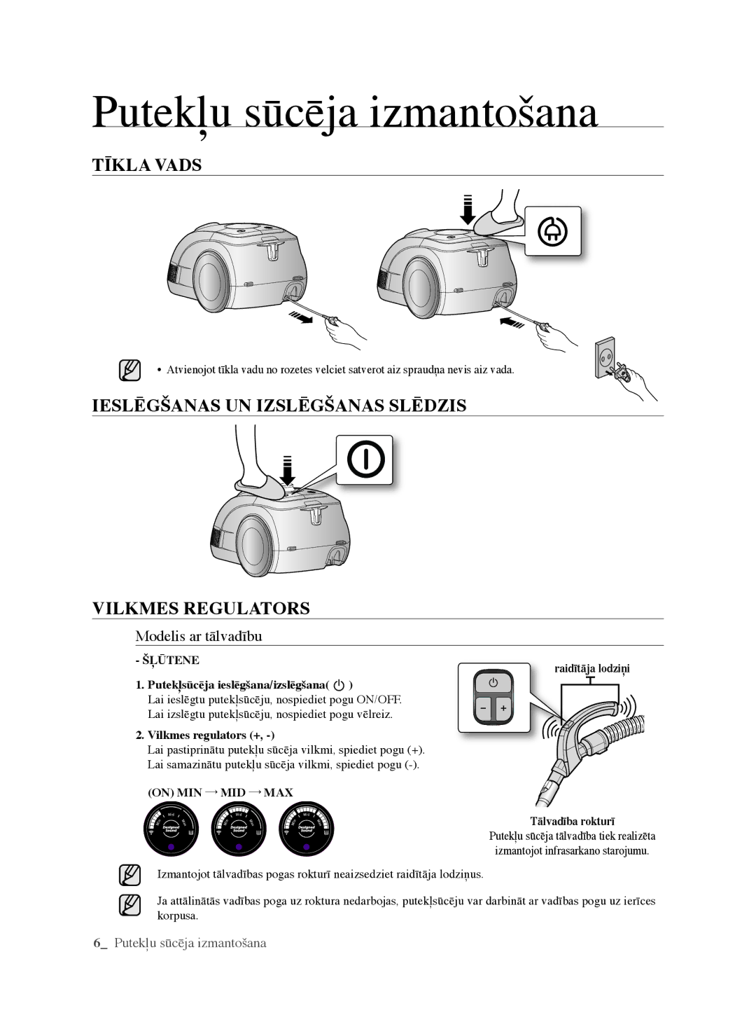 Samsung VCC6360H3K/XEV manual Putekļu sūcēja izmantošana, TīkLA Vads, IESLēgšANAS uN IZSLēgšANAS SLēDZIS VILkMES rEguLAtOrS 