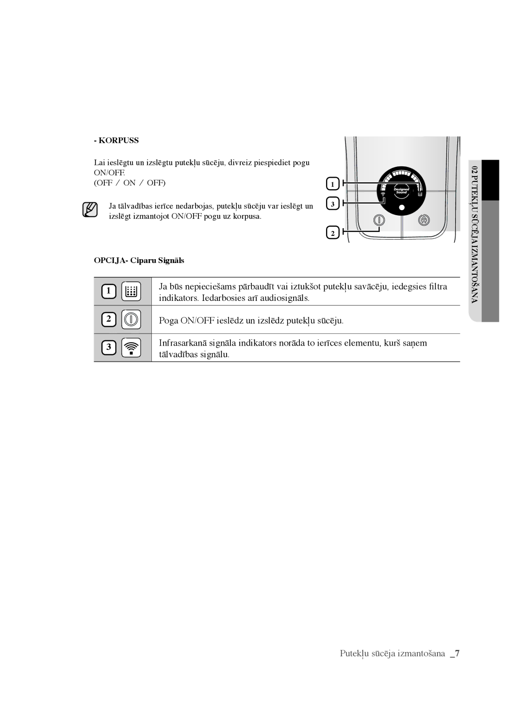 Samsung VCC6368H34/XEV, VCC6367H3K/XSB, VCC6367H3K/XEV, VCC6360H3K/XEV, VCC6340H3A/XEV manual Putekļu sūcēja izmantošana  