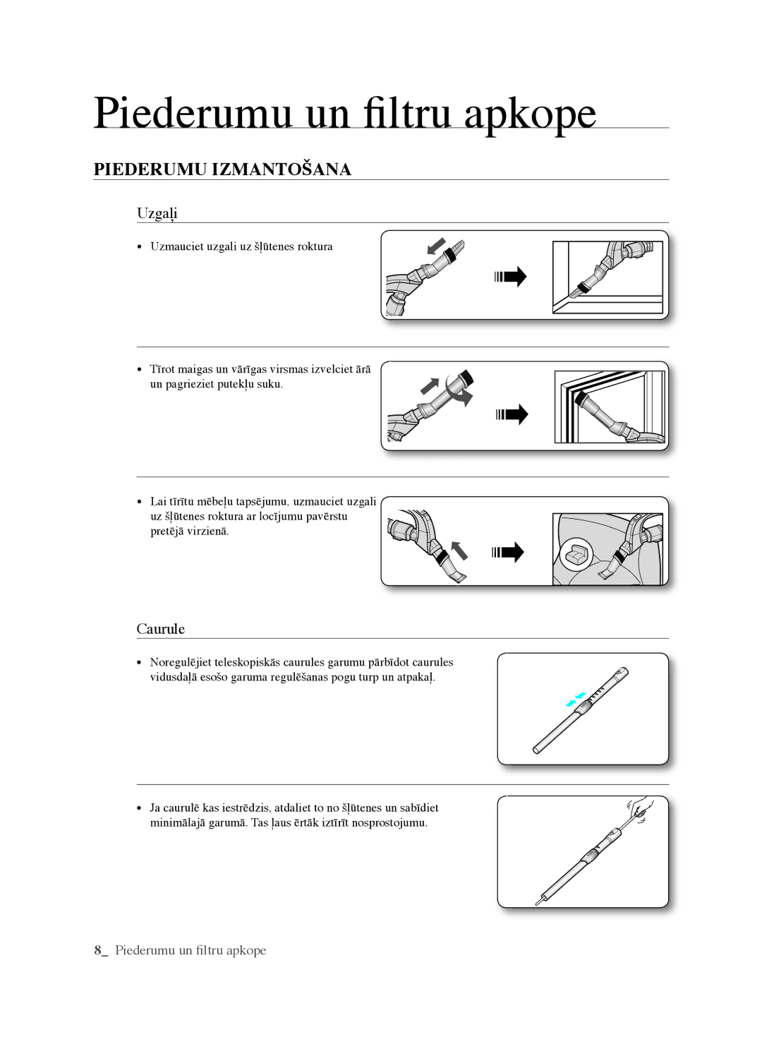 Samsung VCC6340H3A/XEV, VCC6367H3K/XSB, VCC6367H3K/XEV Piederumu un filtru apkope, PIEDEruMu IZMANtOšANA, Uzgaļi, Caurule 