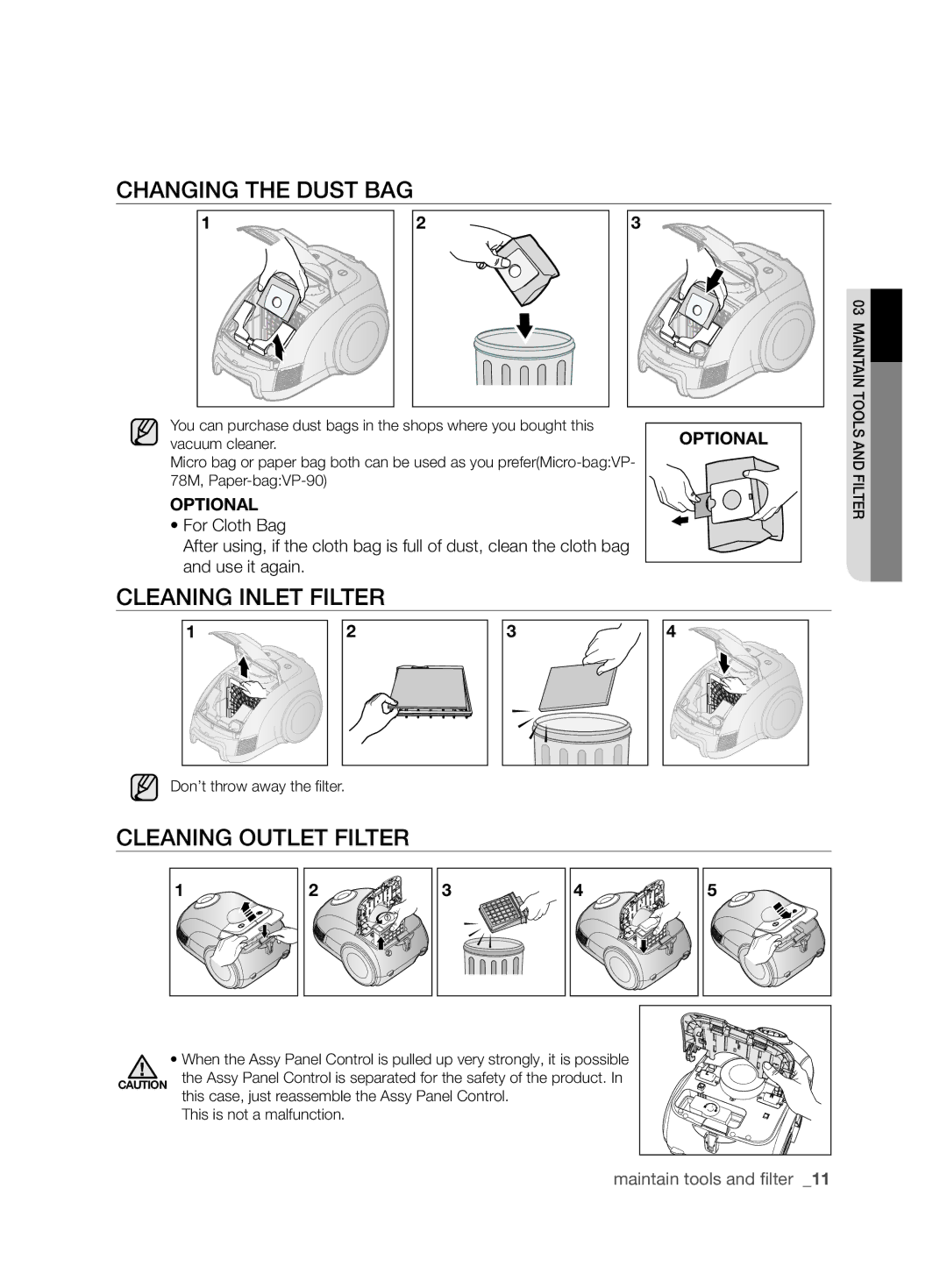 Samsung VCC63J0H39/XEE manual Changing the dust bag, Cleaning inlet filter, Cleaning outlet filter 