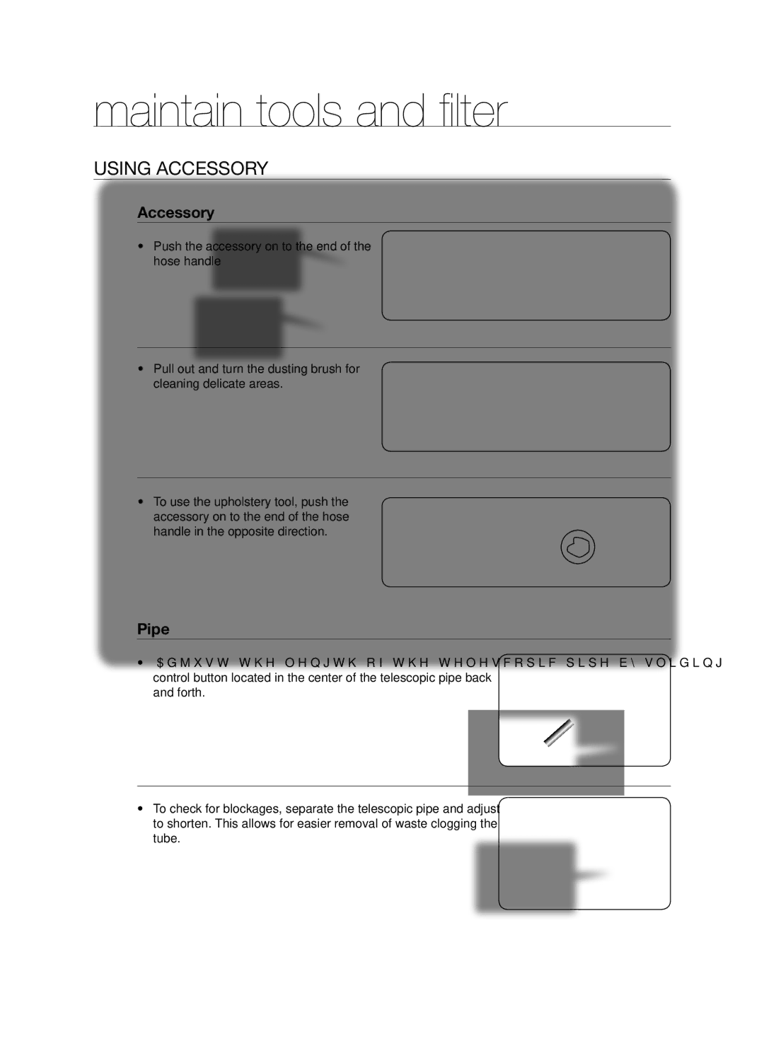 Samsung VCC63J0H39/XEE manual Maintain tools and filter, Using accessory, Accessory, Pipe 