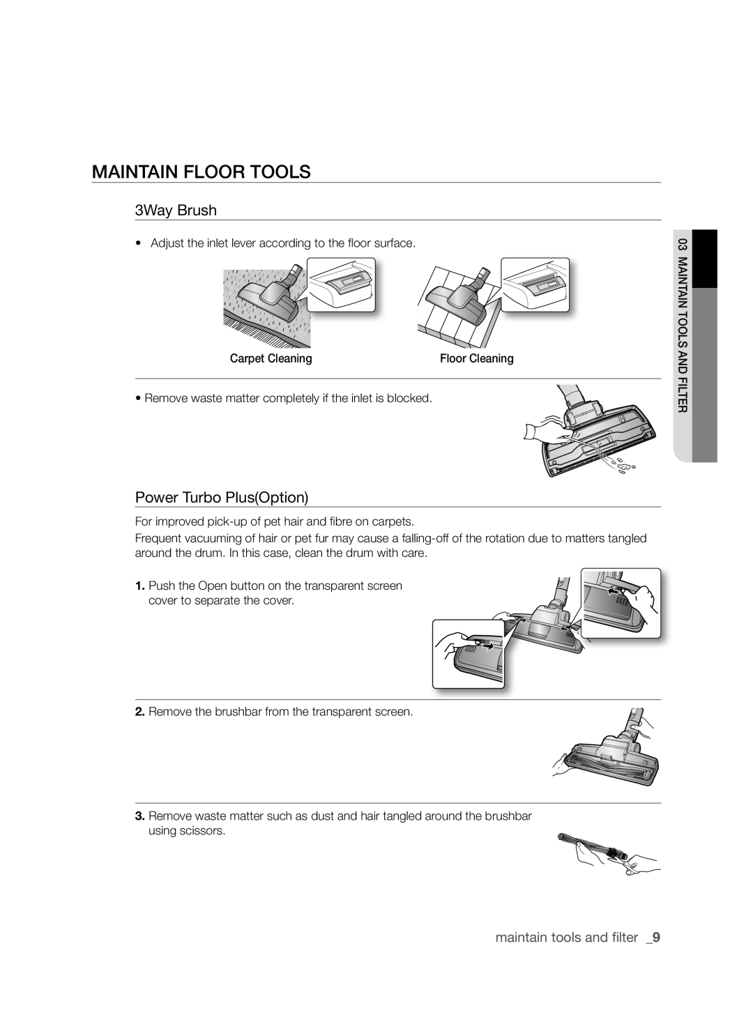 Samsung VCC63J0H39/XEE manual Maintain floor tools, 3Way Brush, Power Turbo PlusOption 