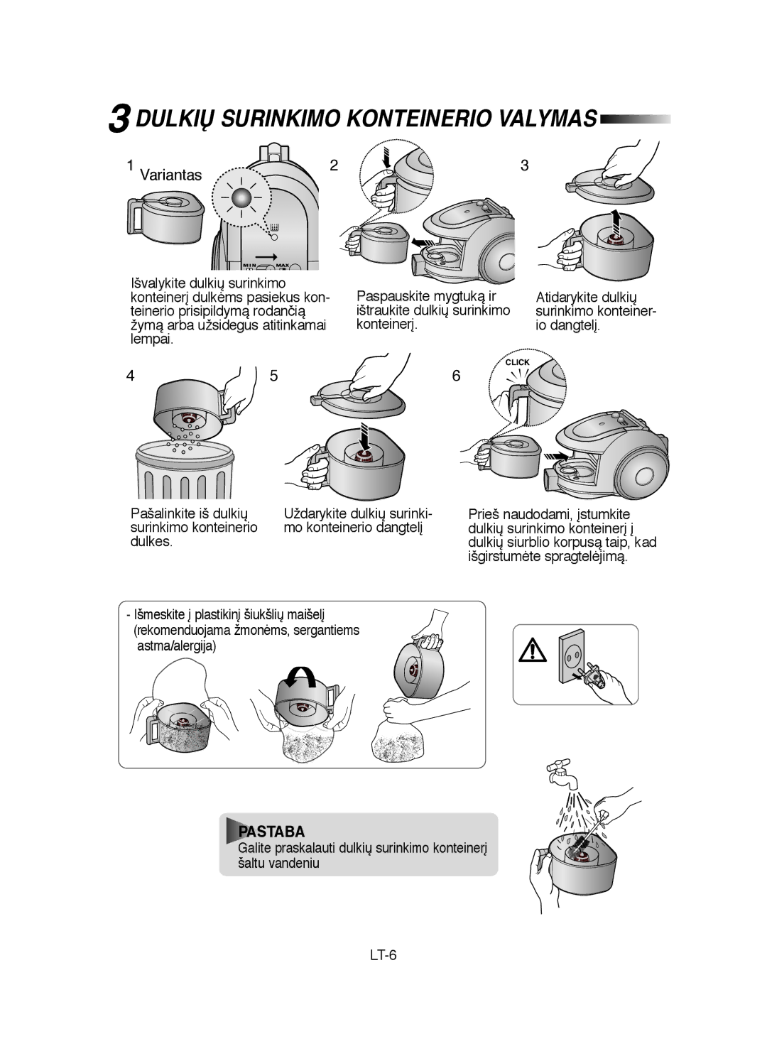 Samsung VCC6540H3B/SBW, VCC6530V3B/SBW, VCC6560V3G/SBW, VCC6530V3B/XSB manual Dulkið Surinkimo Konteinerio Valymas, Variantas 