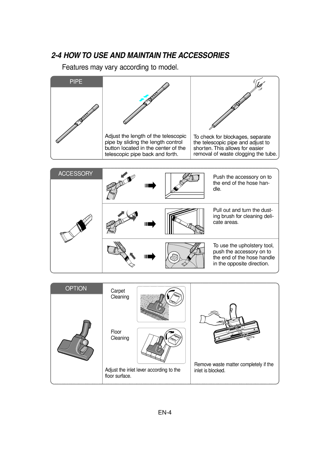 Samsung VCC6540H3B/SBW, VCC6530V3B/SBW, VCC6560V3G/SBW, VCC6530V3B/XSB manual HOW to USE and Maintain the Accessories 