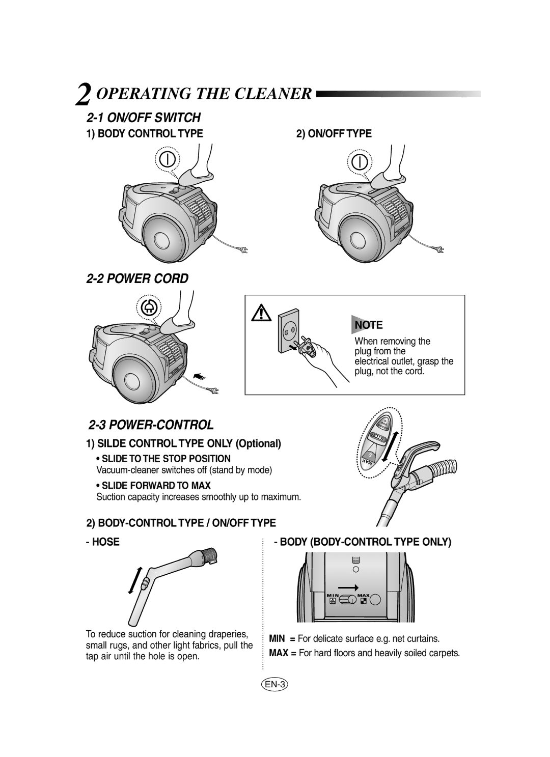 Samsung VCC6530V3B/XEN manual 2OPERATING the Cleaner, ON/OFF Switch, Power Cord, Power-Control 