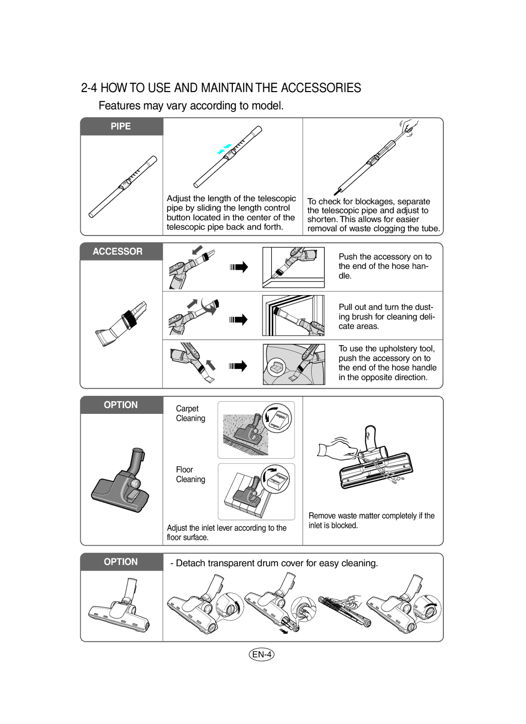 Samsung VCC6530V3B/XEN manual HOW to USE and Maintain the Accessories, Pipe 