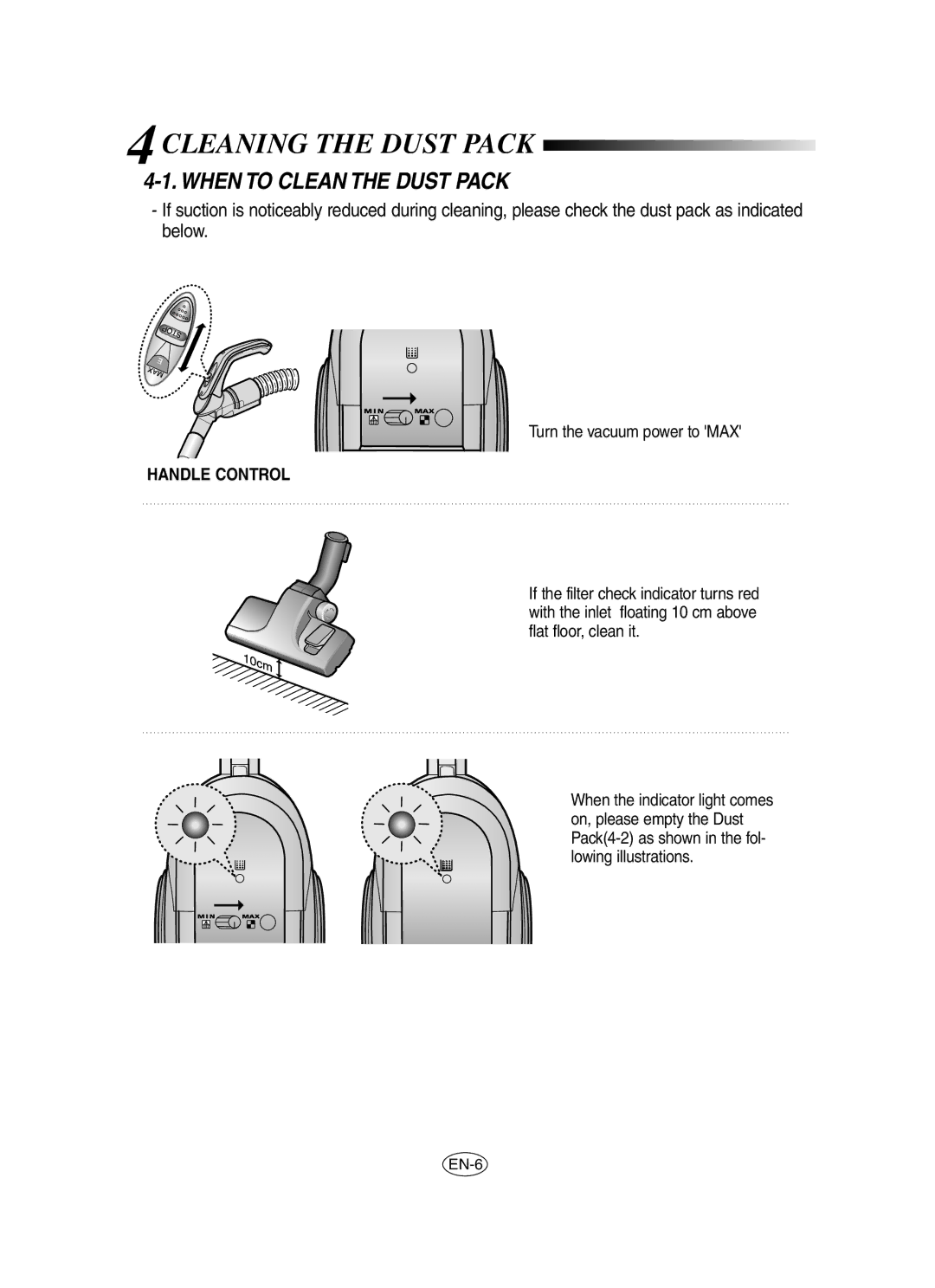 Samsung VCC6530V3B/XEN 4CLEANING the Dust Pack, When to Clean the Dust Pack, Turn the vacuum power to MAX, Handle Control 