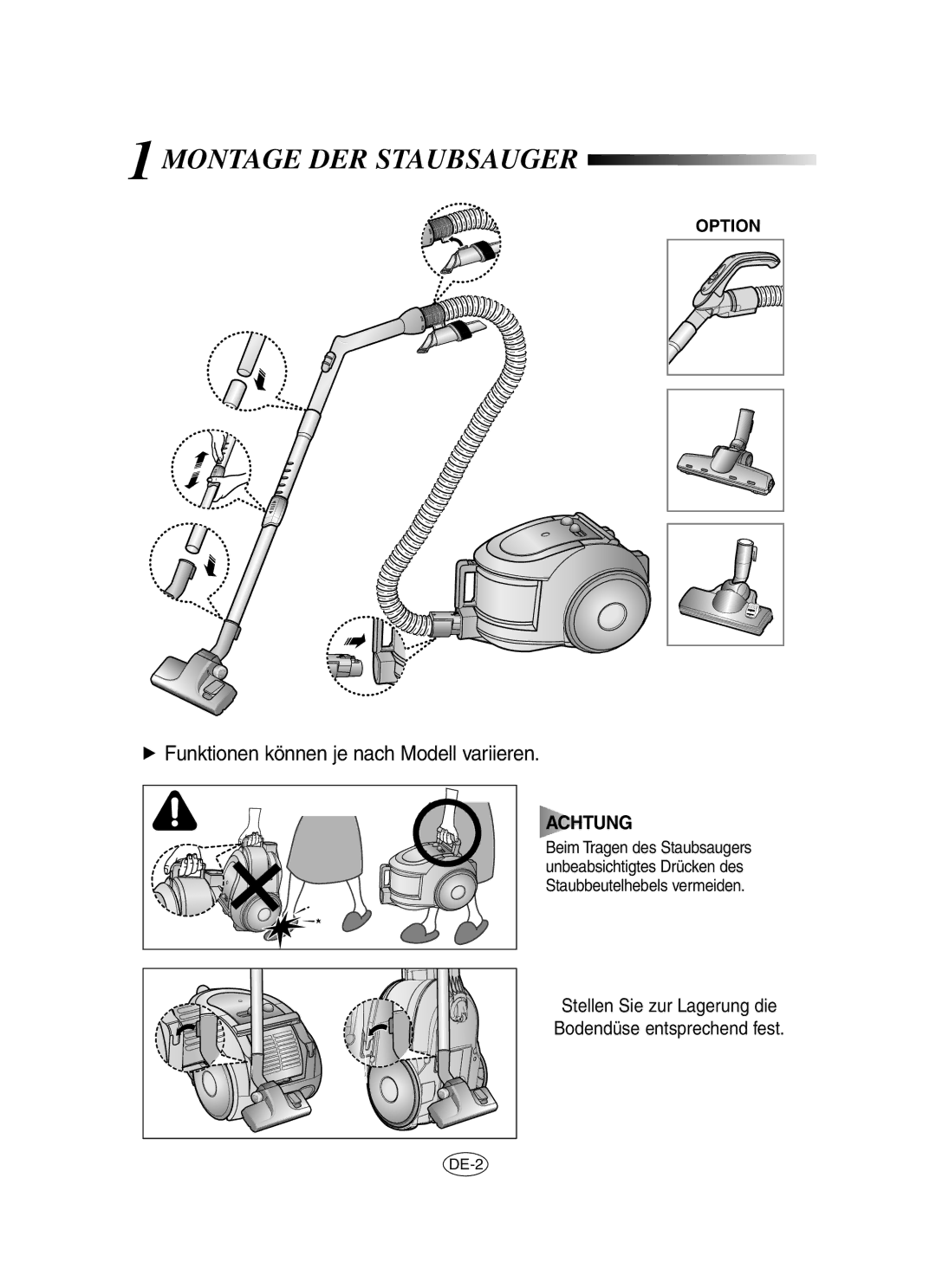 Samsung VCC6560V3B/XAG, VCC6530V3B/XSB, VCC6560V3G/XSB Montage DER Staubsauger, Funktionen können je nach Modell variieren 