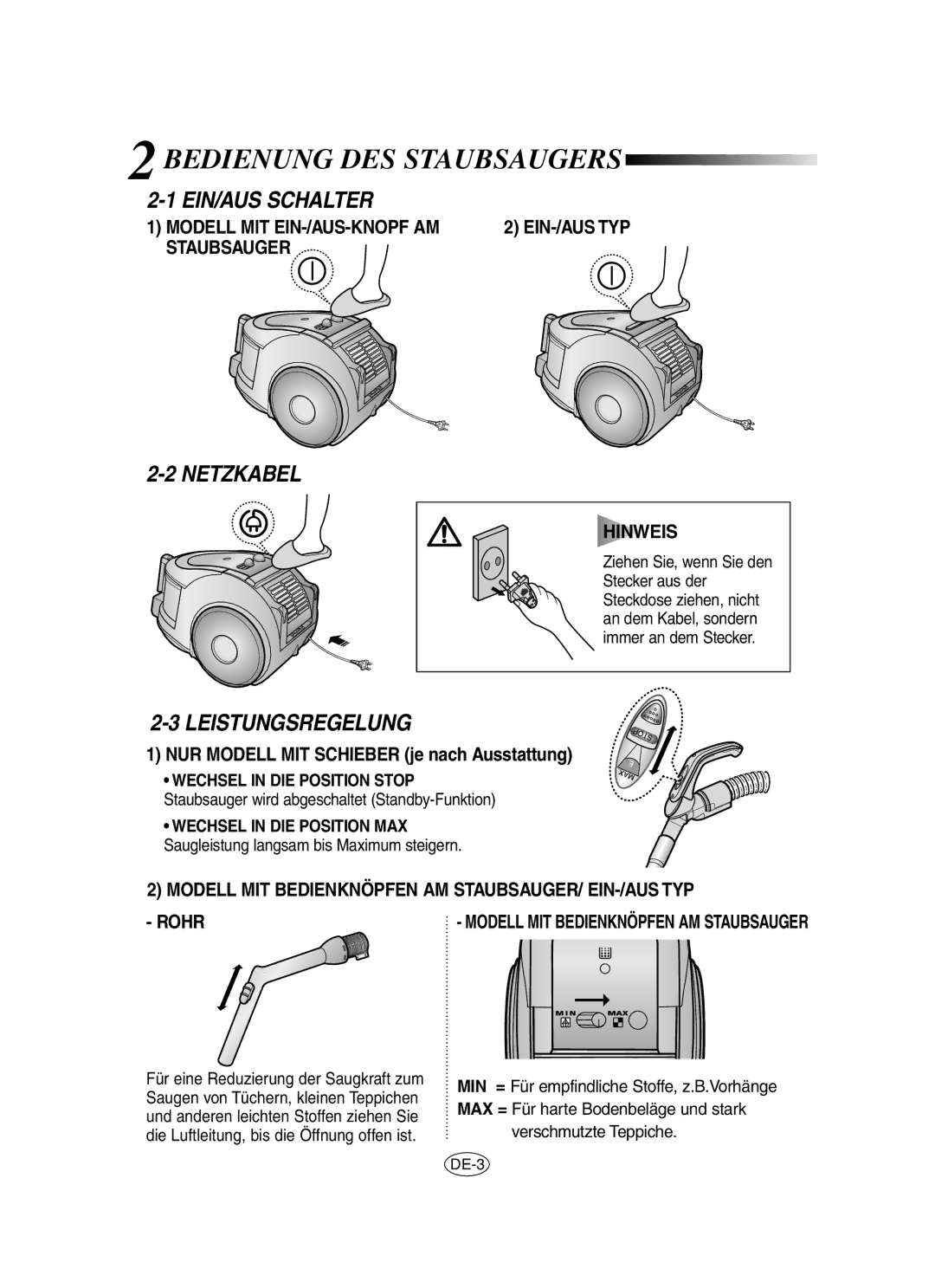 Samsung VCC6560V3G/XSB, VCC6530V3B/XSB manual Bedienung DES Staubsaugers, EIN/AUS Schalter, Netzkabel, Leistungsregelung 