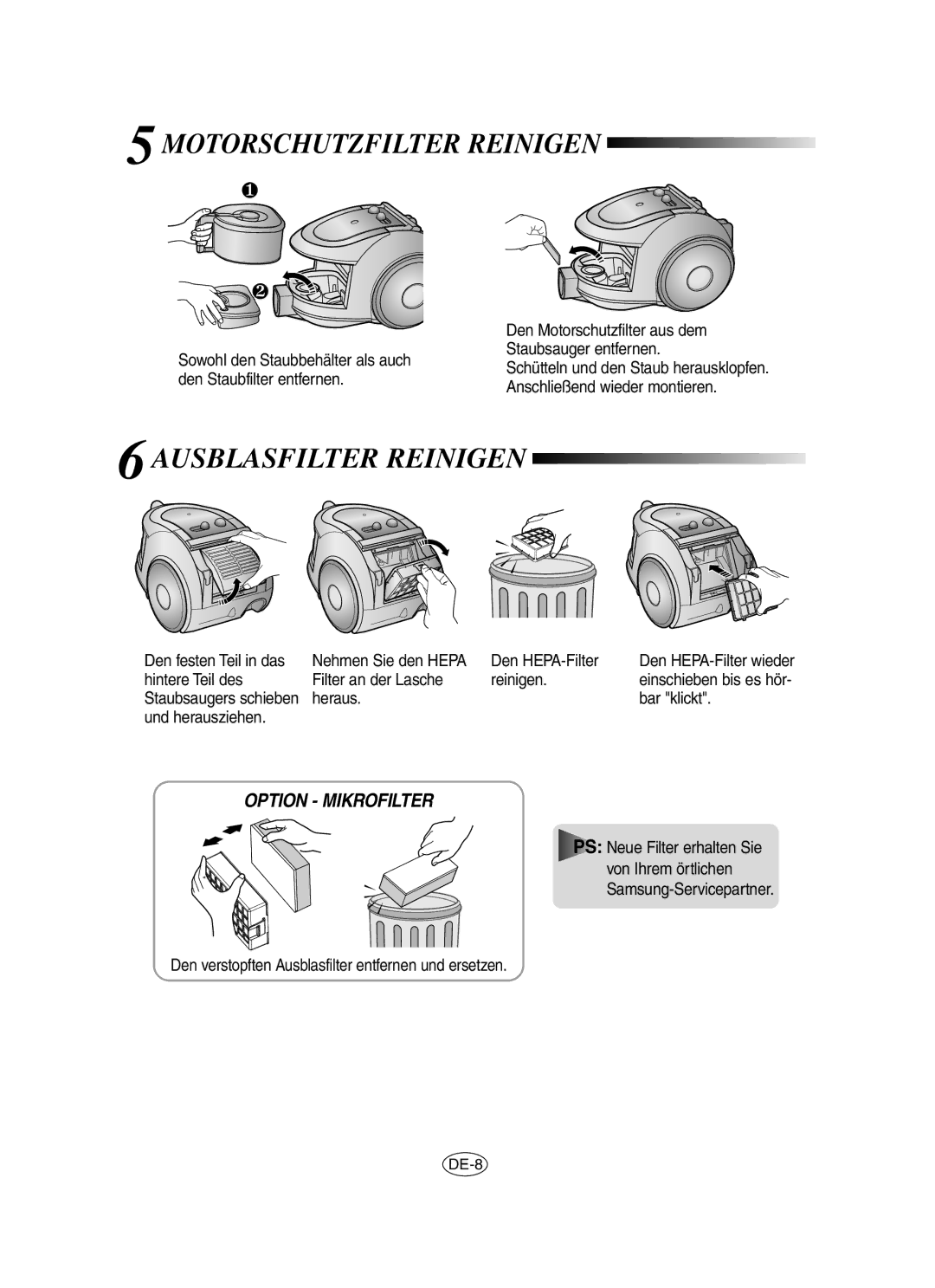 Samsung VCC6560V3B/XAG, VCC6530V3B/XSB, VCC6560V3G/XSB manual Motorschutzfilter Reinigen, Ausblasfilter Reinigen 