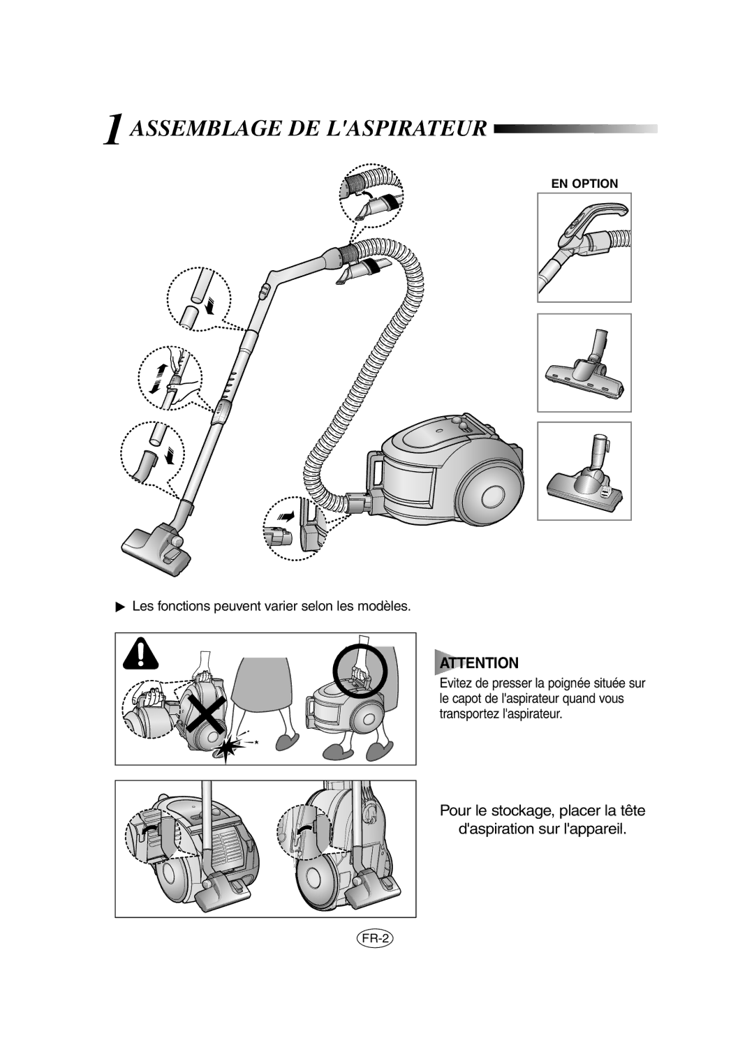Samsung VCC6560V3G/XSB, VCC6530V3B/XSB manual Assemblage DE Laspirateur, Les fonctions peuvent varier selon les modèles 