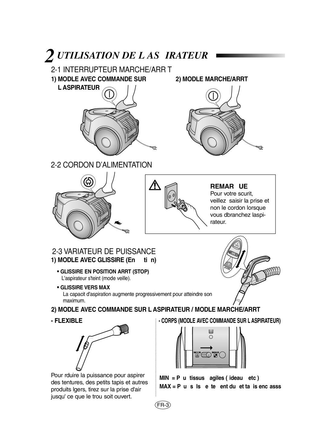 Samsung VCC6530V3B/XSB Utilisation DE Laspirateur, Interrupteur MARCHE/ARRÊT, Cordon Dalimentation, Variateur DE Puissance 