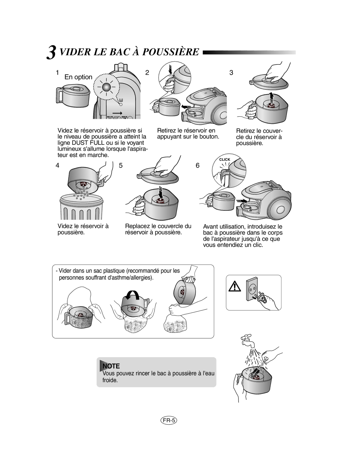 Samsung VCC6560V3G/XSB, VCC6530V3B/XSB, VCC6560V3B/XAG manual Vider LE BAC À Poussière, Poussière Réservoir à poussière 