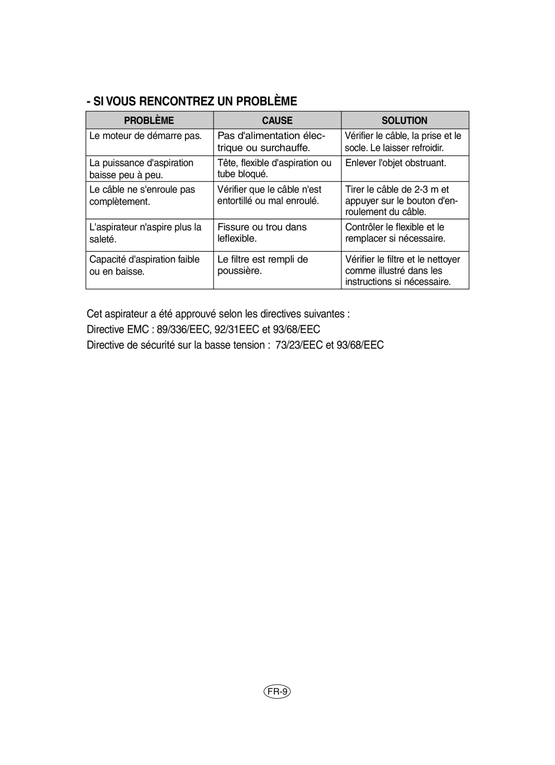 Samsung VCC6530V3B/XSB manual Problème Cause Solution, Pas dalimentation élec, Enlever lobjet obstruant, Roulement du câble 