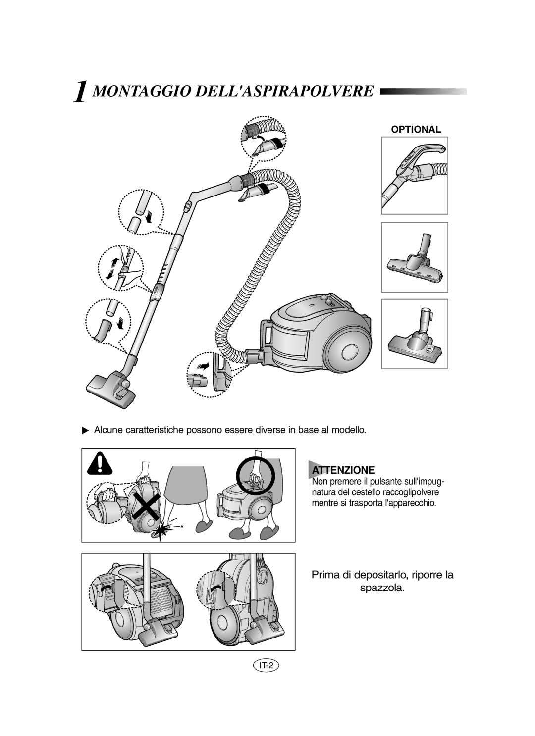 Samsung VCC6530V3B/XSB, VCC6560V3B/XAG, VCC6560V3G/XSB manual 1MONTAGGIO Dellaspirapolvere, Optional 