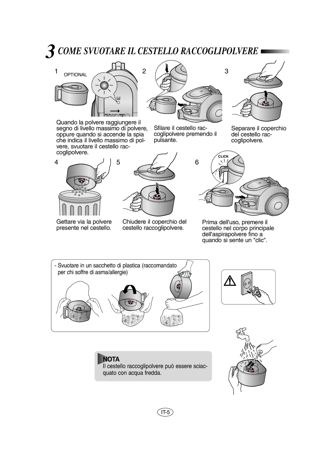 Samsung VCC6530V3B/XSB manual 3COME Svuotare IL Cestello Raccoglipolvere, Sfilare il cestello rac, Gettare via la polvere 