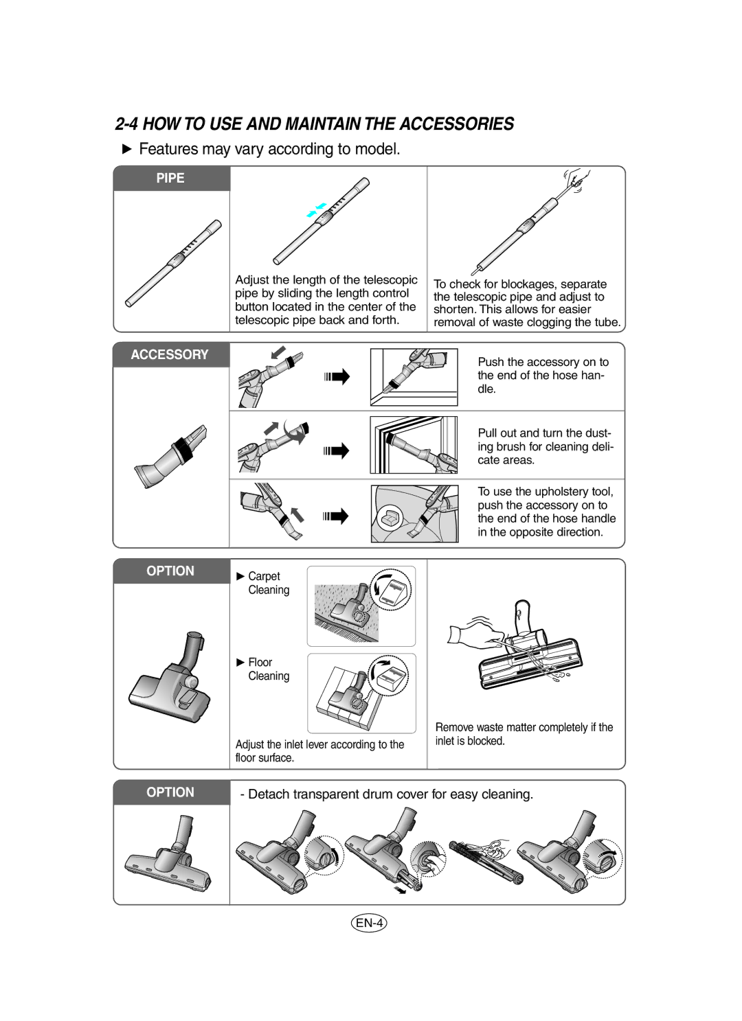 Samsung VCC6560V3G/XSB, VCC6530V3B/XSB, VCC6560V3B/XAG manual HOW to USE and Maintain the Accessories, Pipe 