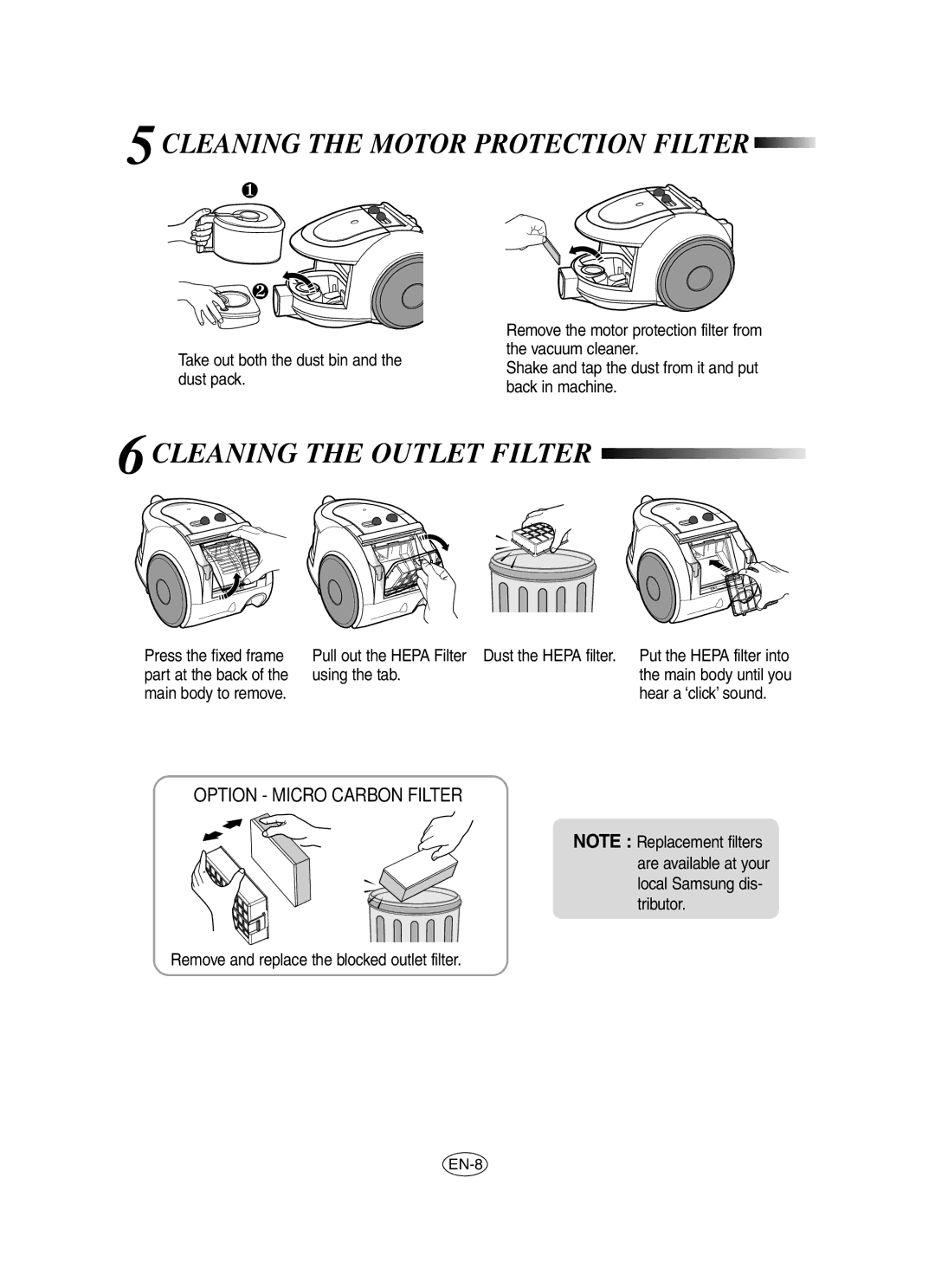 Samsung VCC6530V3B/XSB, VCC6560V3B/XAG 5CLEANING the Motor Protection Filter, 6CLEANING the Outlet Filter, Using the tab 