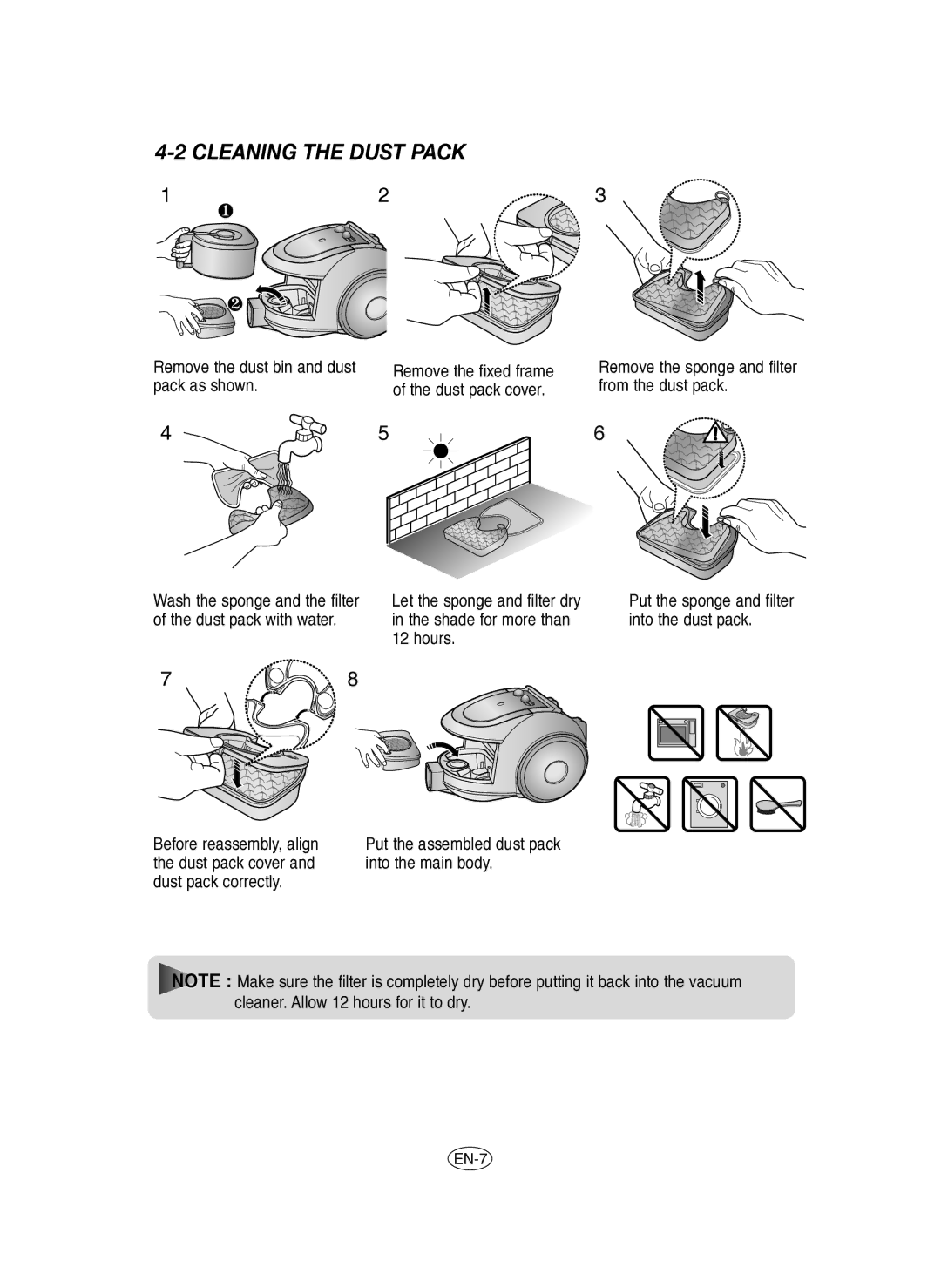 Samsung VCC6560V3B/SML manual Cleaning the Dust Pack 