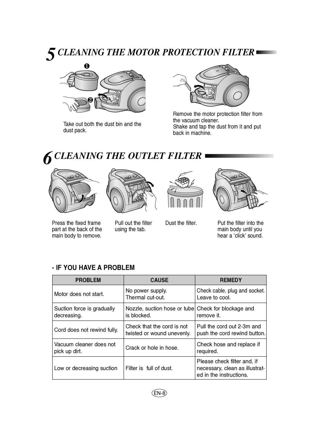 Samsung VCC6560V3B/SML manual 5CLEANING the Motor Protection Filter, 6CLEANING the Outlet Filter 