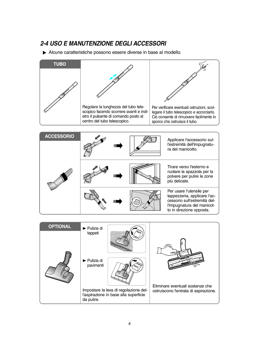 Samsung VCC6580V3O/XET, VCC6560V3B/XET manual USO E Manutenzione Degli Accessori, Tubo 