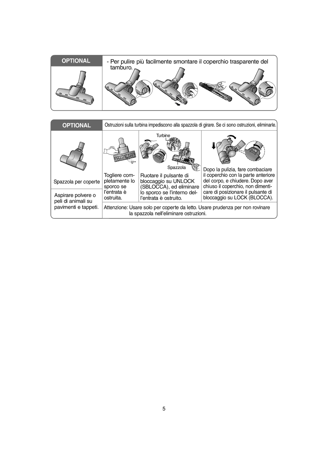 Samsung VCC6560V3B/XET, VCC6580V3O/XET manual Tamburo, Spazzola per coperte Aspirare polvere o peli di animali su 