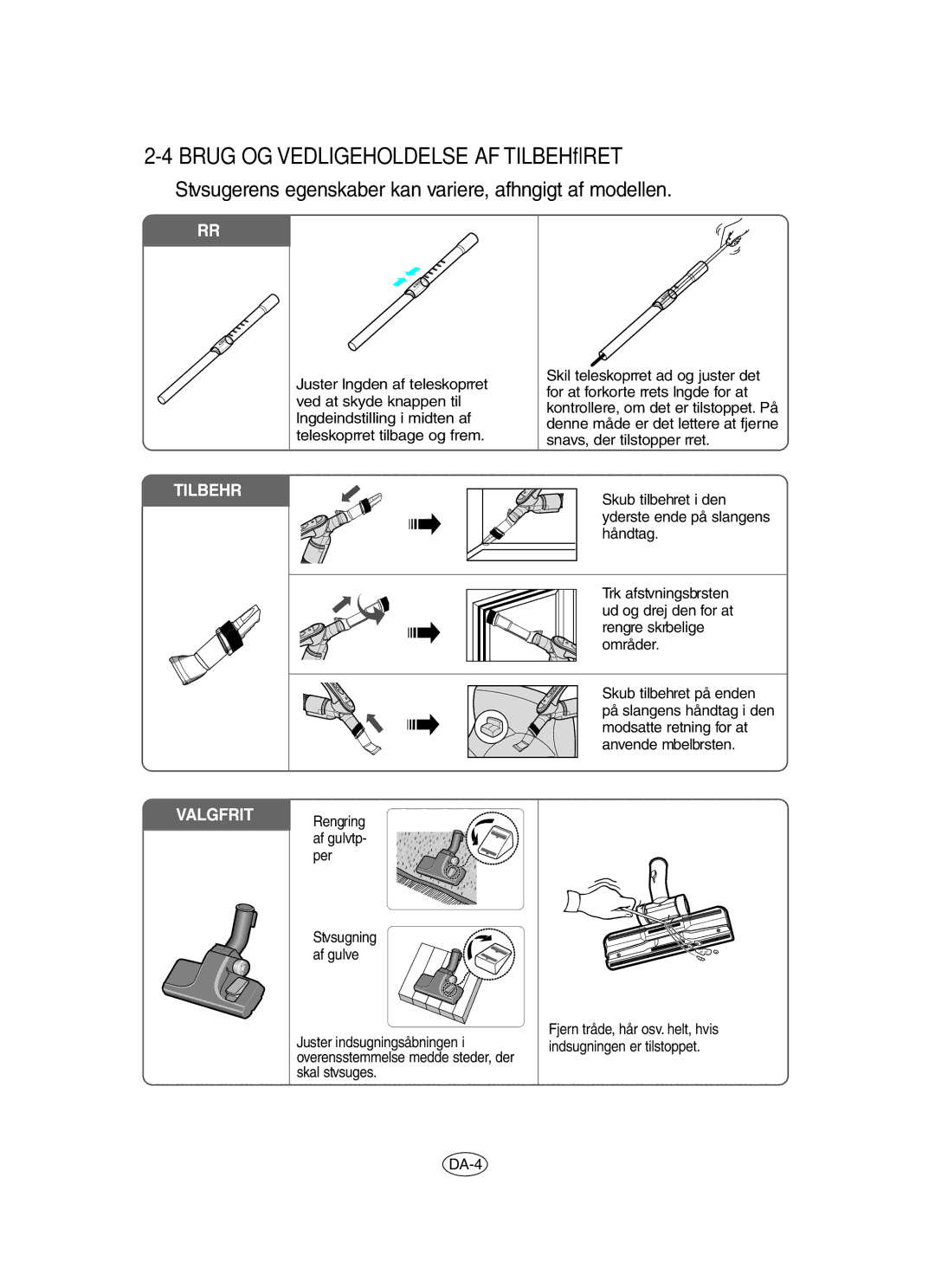 Samsung VCC6560V3B/SML, VCC6560V3R/XEE, VCC6530V3B/SBW, VCC6560V2R/UMG manual Brug OG Vedligeholdelse AF Tilbehøret, Rør 