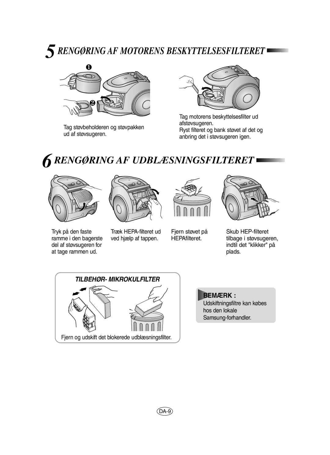 Samsung VCC6560V2R/UMG, VCC6560V3R/XEE manual Rengøring AF Motorens Beskyttelsesfilteret, Rengøring AF Udblæsningsfilteret 