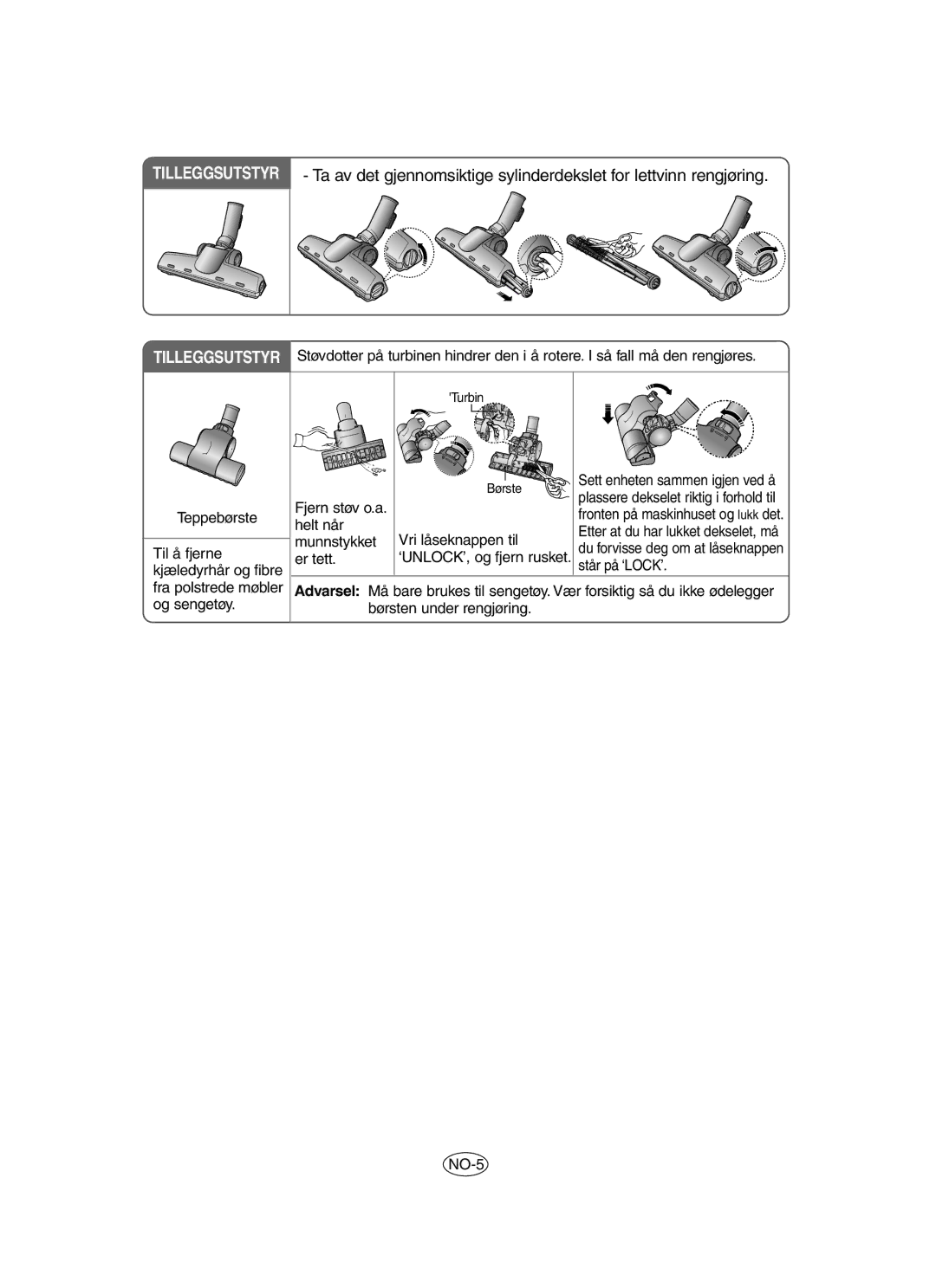 Samsung VCC6560V3B/SML, VCC6560V3R/XEE, VCC6530V3B/SBW, VCC6560V2R/UMG, VCC6560V3G/SBW, VCC6530V3R/XEE manual Fjern støv o.a 