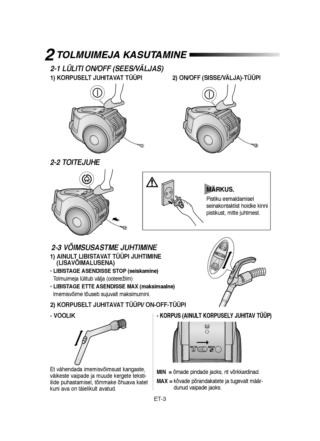 Samsung VCC6570H3C/XEV, VCC6570H3R/XEV Tolmuimeja Kasutamine, Lüliti ON/OFF SEES/VÄLJAS, Toitejuhe, Võimsusastme Juhtimine 