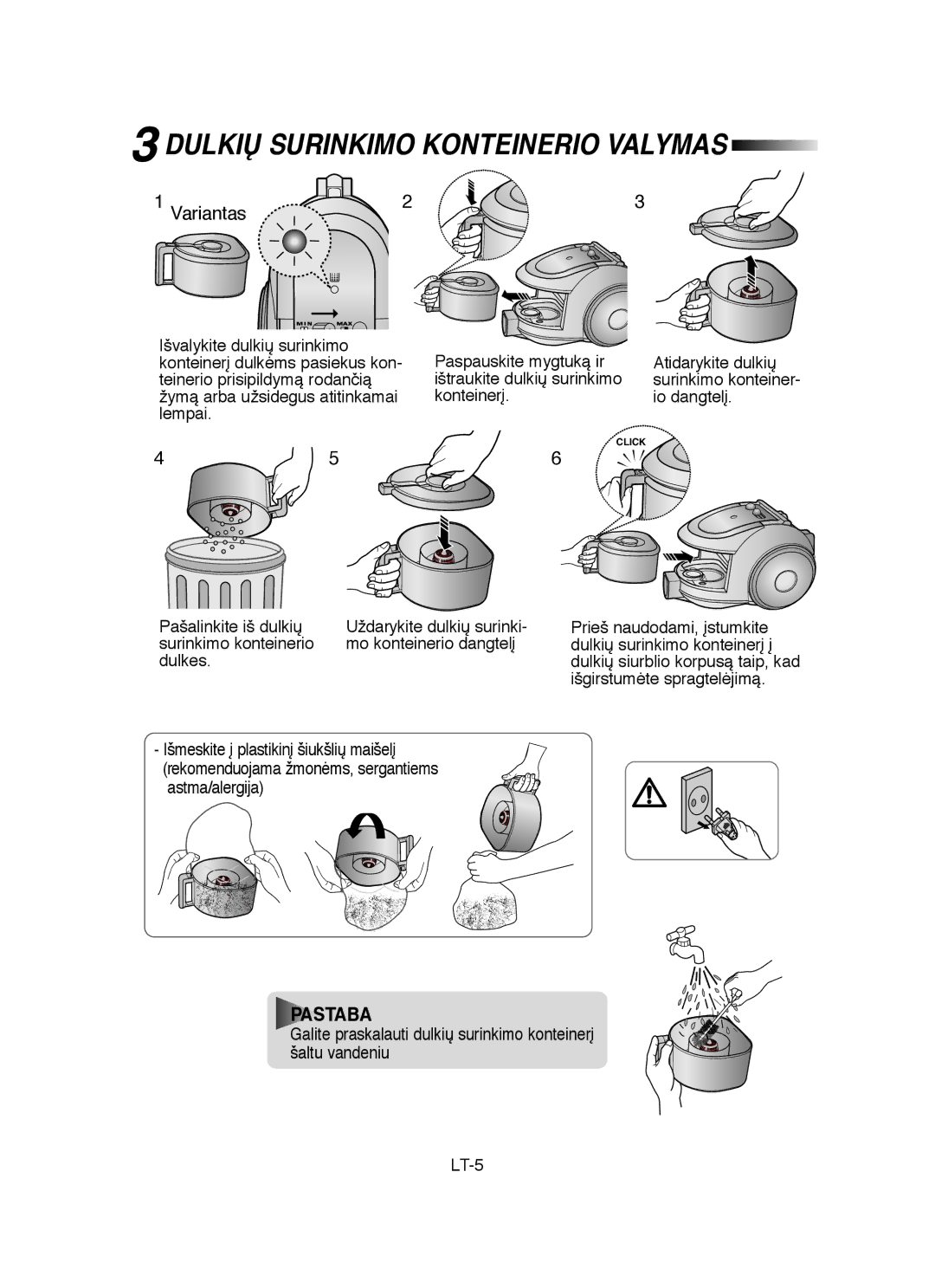 Samsung VCC6520S3O/SBW, VCC6570H3R/XEV, VCC6530V3B/SBW, VCC6570H3R/SBW manual Dulkið Surinkimo Konteinerio Valymas, Variantas 