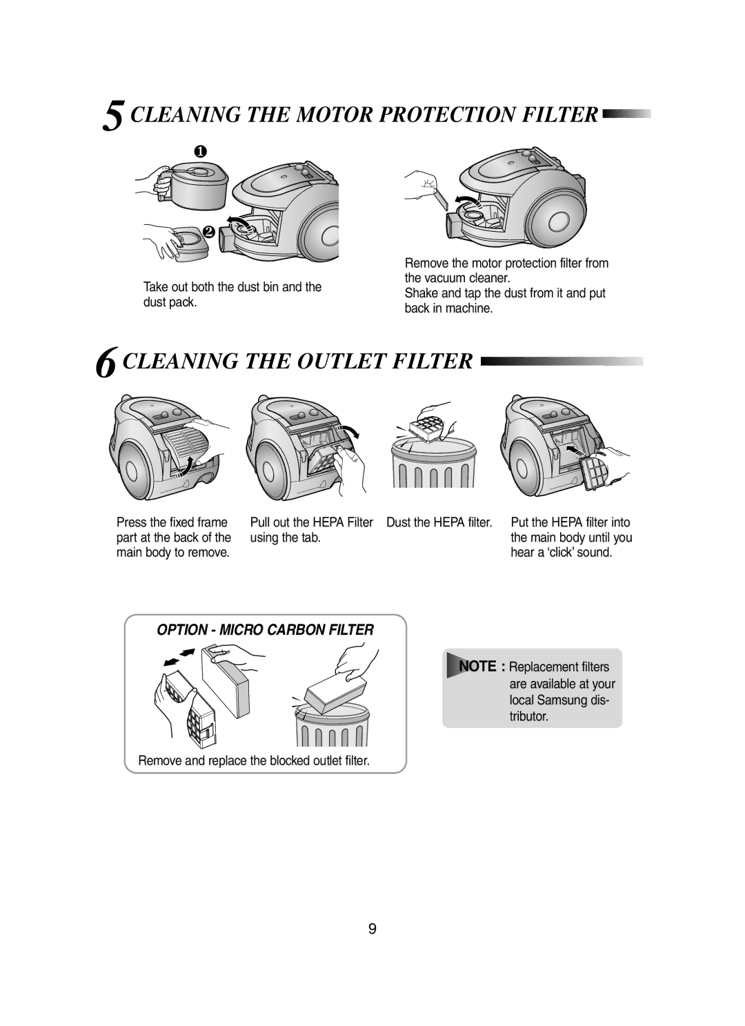 Samsung VCC6570H3R/SBW, VCC6570H3R/XEV, VCC6560V3R/XEE 5CLEANING the Motor Protection Filter, 6CLEANING the Outlet Filter 