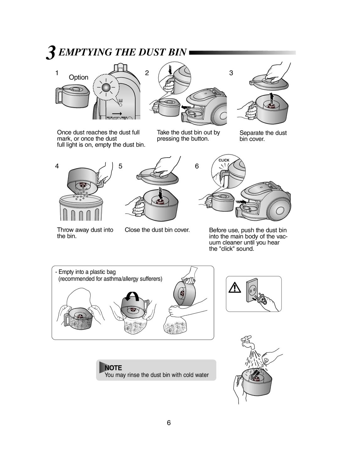 Samsung VCC6570H3R/XEV, VCC6560V3R/XEE, VCC6570H2B/TWL, VCC6570H3R/SBW, VCC6560V2R/UMG manual 3EMPTYING the Dust BIN, Option 