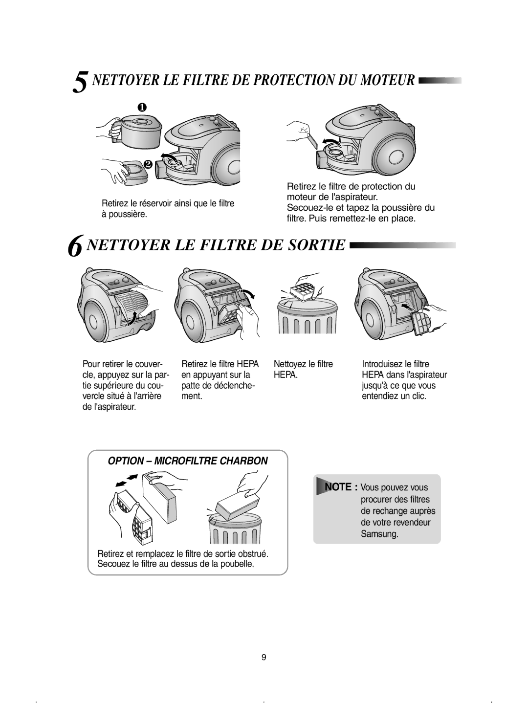 Samsung VCC6583V3N/XEF, VCC6571H3R/XEF manual Nettoyer LE Filtre DE Protection DU Moteur, Nettoyer LE Filtre DE Sortie 