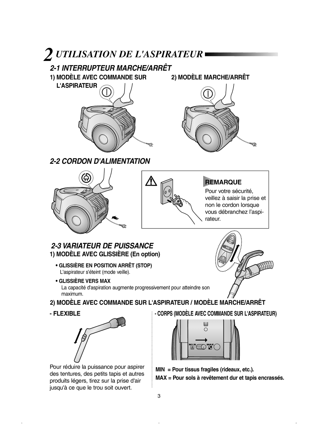 Samsung VCC6570H31/XEF Utilisation DE Laspirateur, Interrupteur MARCHE/ARRÊT, Cordon Dalimentation, Variateur DE Puissance 