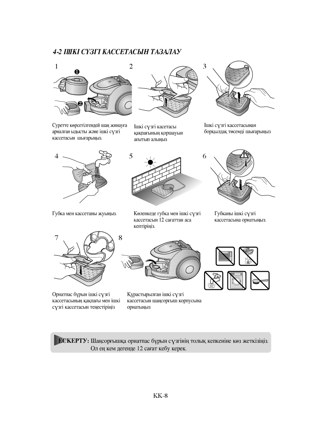 Samsung VCC6573H3R/XEV, VCC6572H3C/XEV, VCC6534V3B/XEV, VCC6562V3G/XEV, VCC6542H35/XEV manual Ішкі Сүзгі Кассетасын Тазалау 