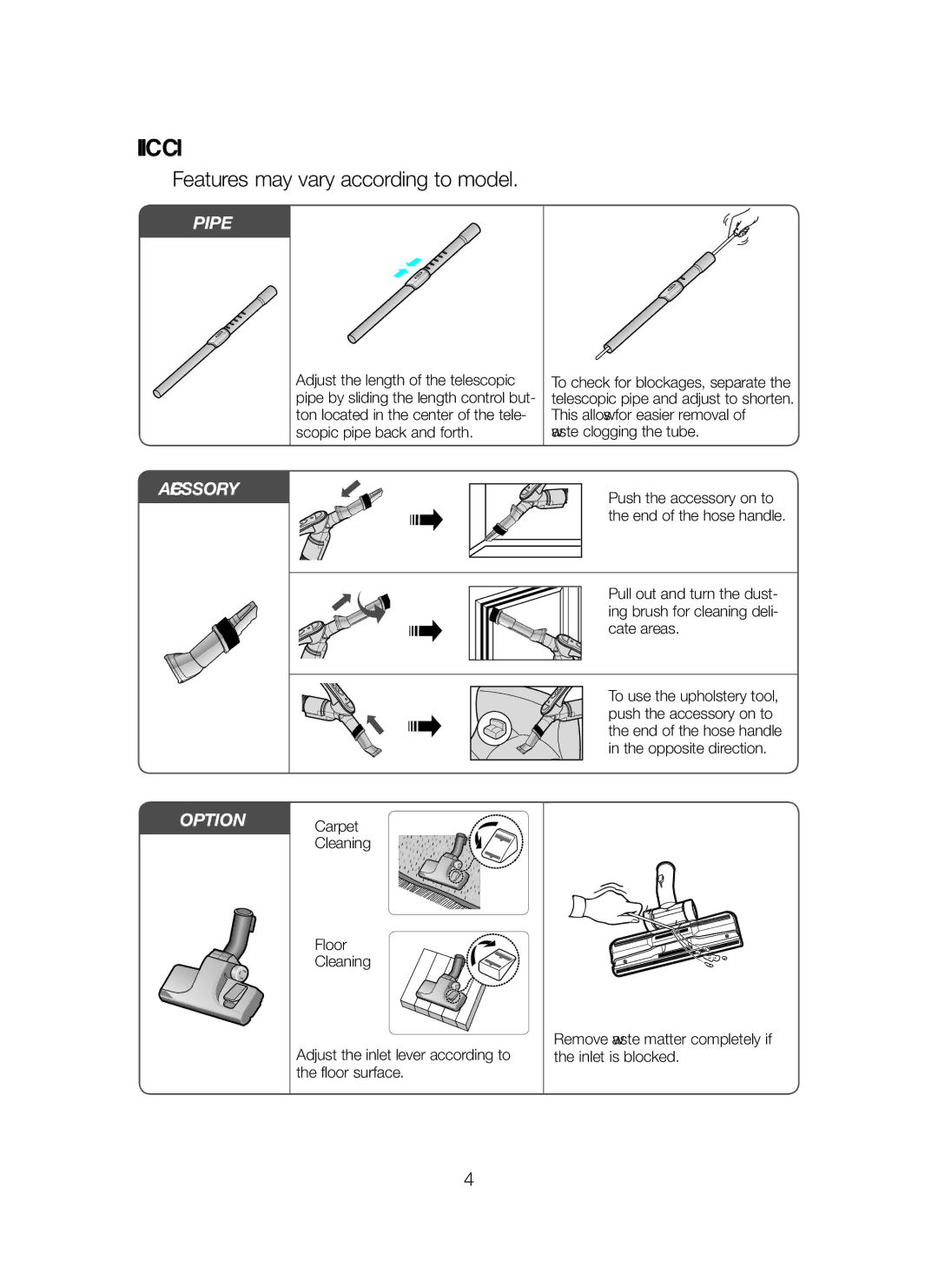 Samsung VCC6580V3R/XTR manual HOW to USE and Maintain the Accessories, Pipe 