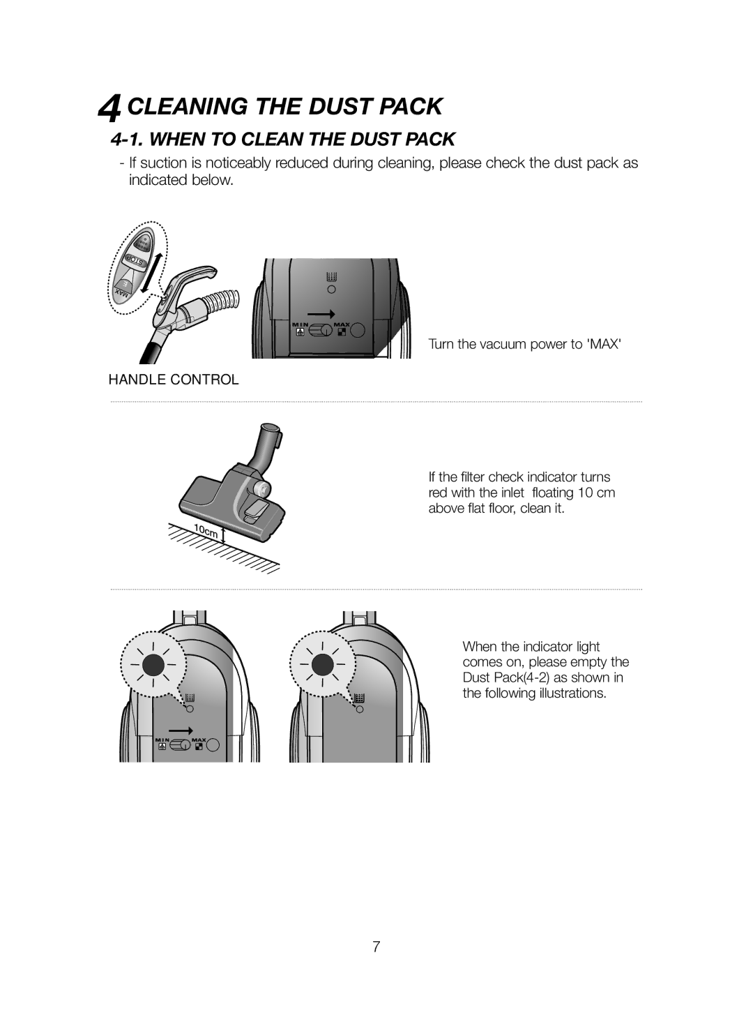 Samsung VCC6580V3R/XTR manual Cleaning the Dust Pack, When to Clean the Dust Pack, Handle Control 